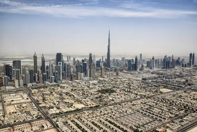 Aerial view of the Downtown Dubai skyline with the Burj Khalifa towering above
