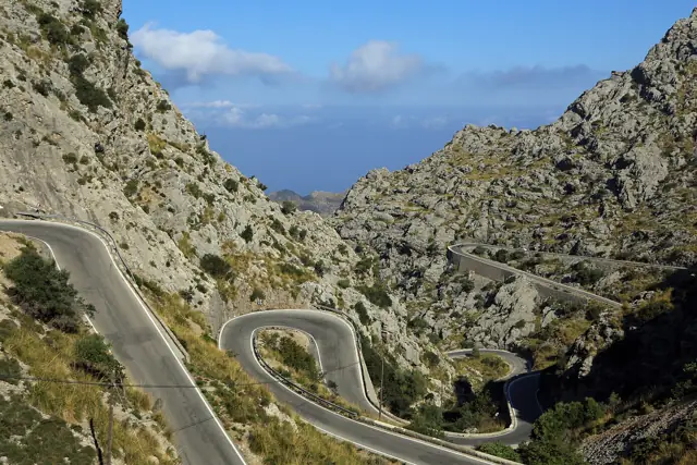 The winding mountain road down to Sa Calobra through the Serra de Tramuntana, Mallorca