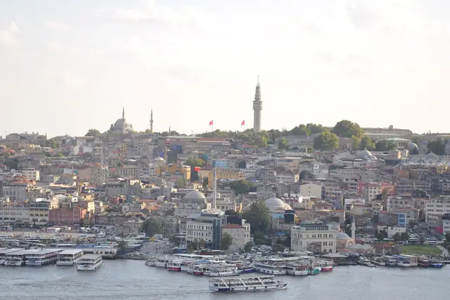 View over Istanbul's old city and the Golden Horn from the Galata Tower, with mosques, ferries and the waterfront