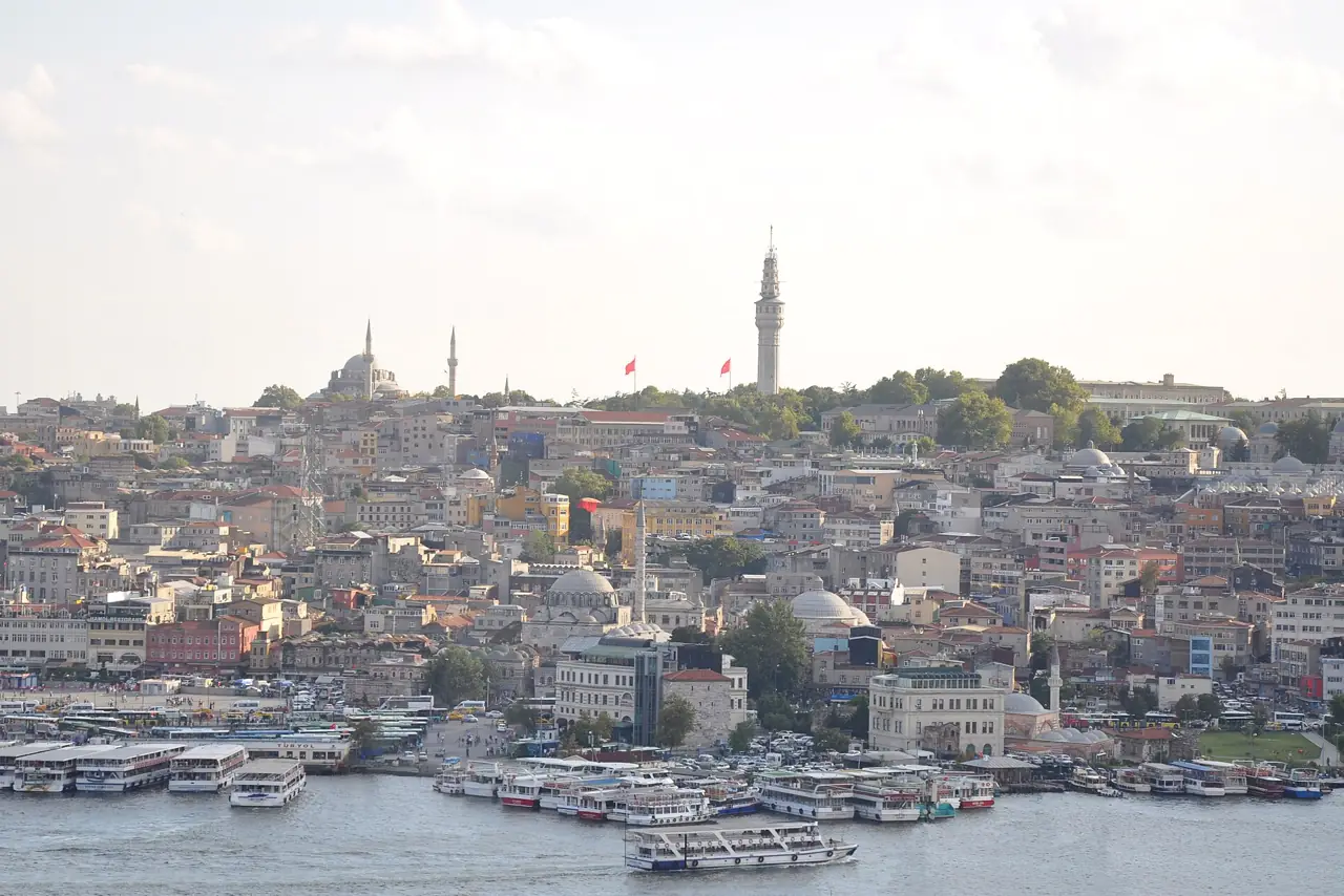 View over Istanbul's old city and the Golden Horn from the Galata Tower, with mosques, ferries and the waterfront