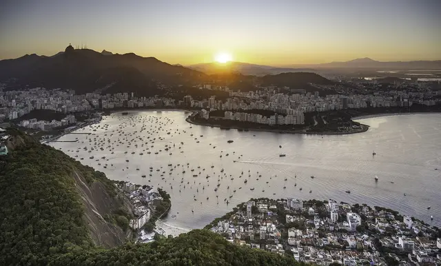 Sunset over Rio de Janeiro and Botafogo Bay seen from the top of Sugarloaf Mountain