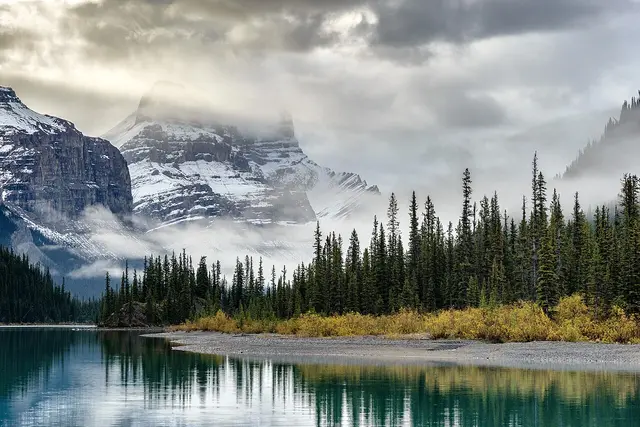 Sunrise over Maligne Lake in Jasper National Park, Alberta