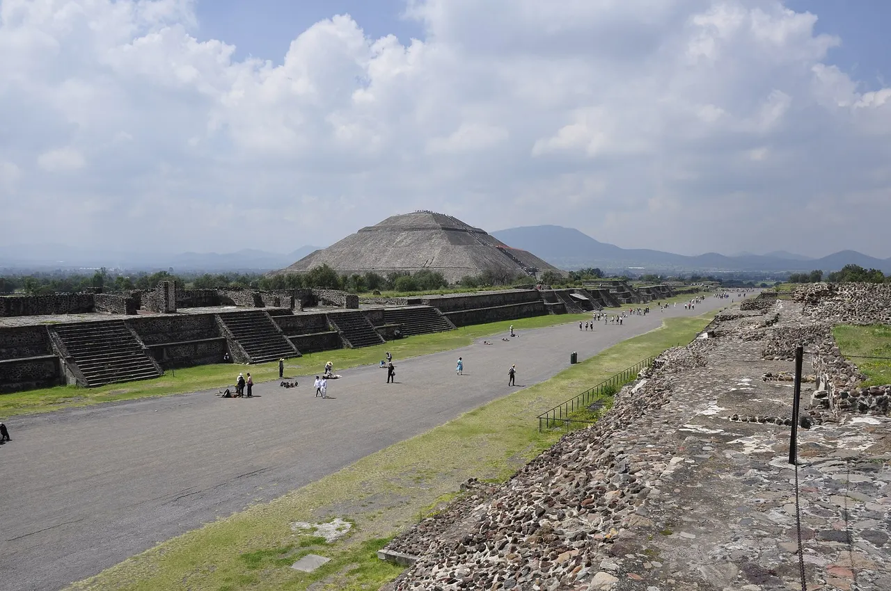 The Avenue of the Dead at Teotihuacan with the Pyramid of the Sun in the distance