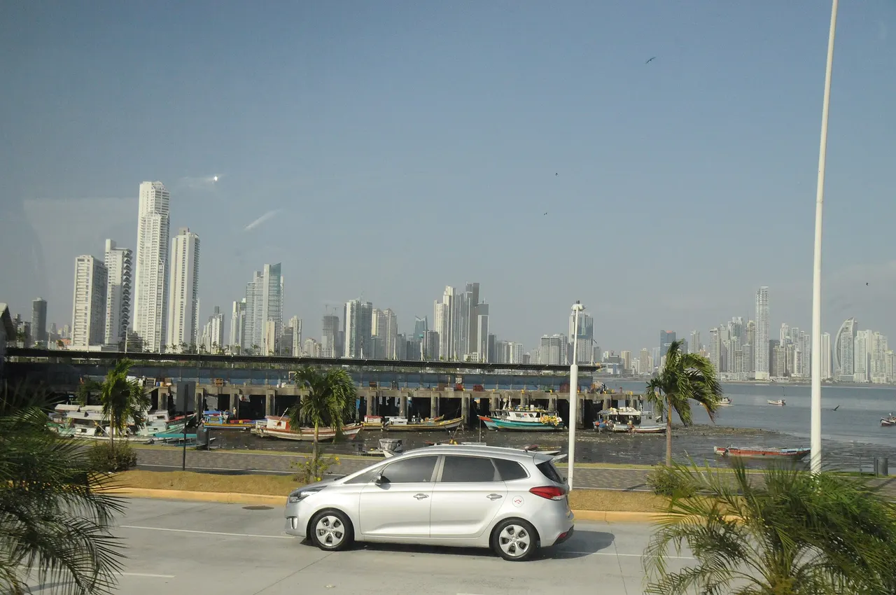Panama City's skyscraper skyline seen across the bay from the waterfront road