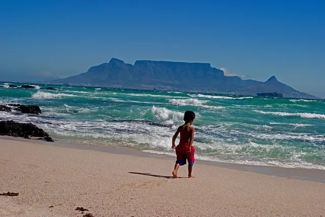 Table Mountain seen across Table Bay from Bloubergstrand, with Cape Town at its foot