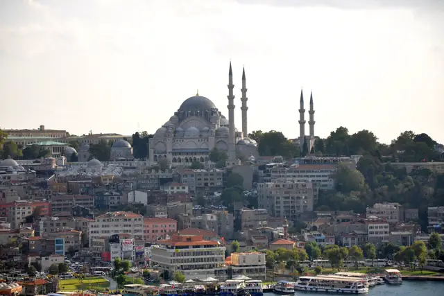 The Süleymaniye Mosque and its minarets above the rooftops of Istanbul seen from the Galata Tower
